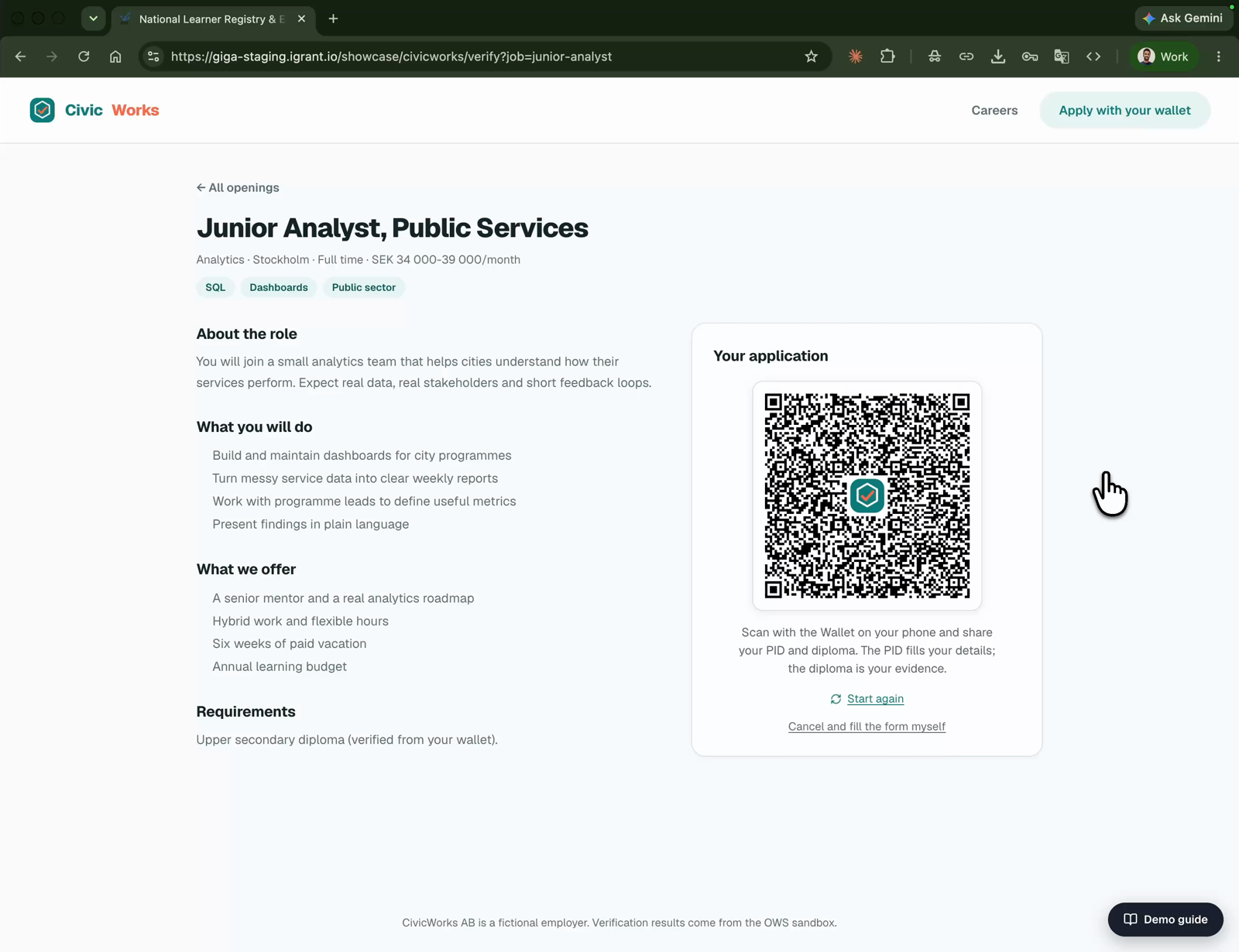 A job listing for Junior Analyst, Public Services on CivicWorks Careers with a QR code inviting the candidate to apply with the wallet on their phone.