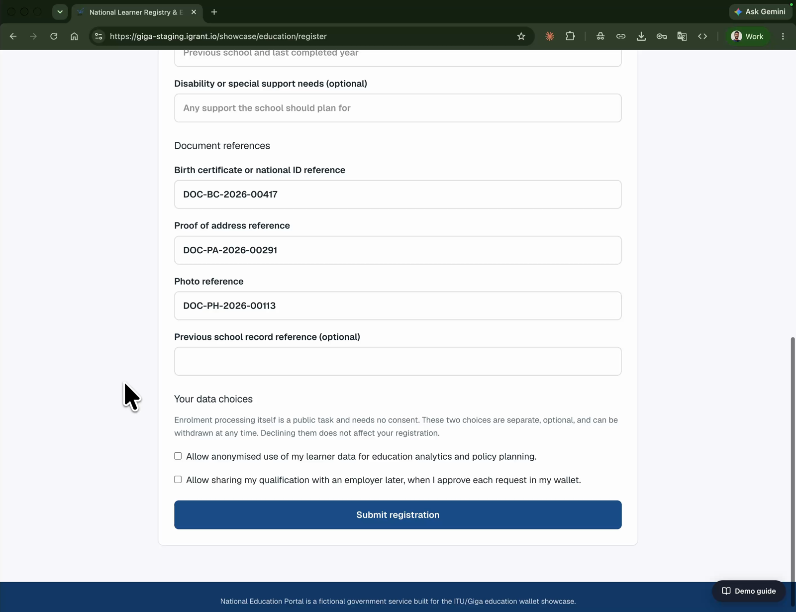 The registration form in the National Education Portal with document references filled in and two optional consent checkboxes for anonymised analytics and later employer sharing, above a Submit registration button.