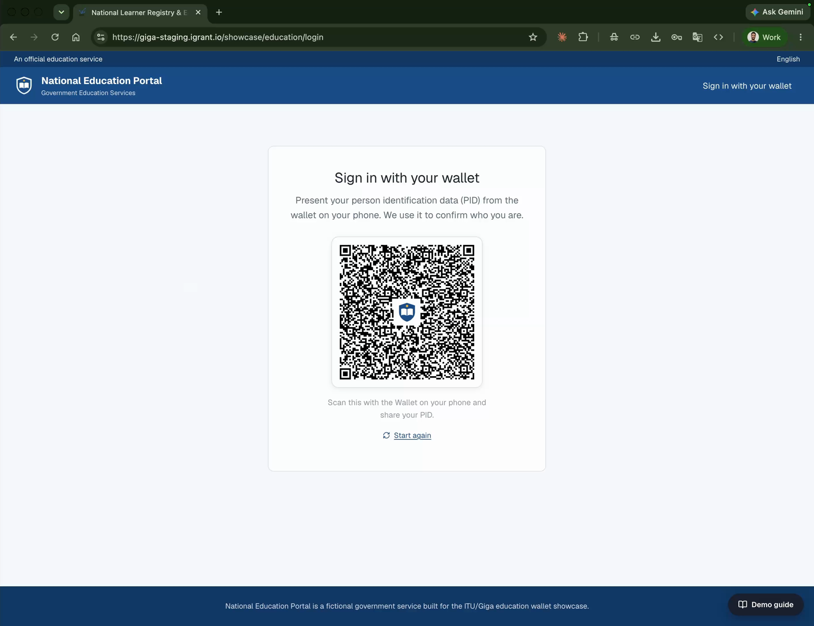 The National Education Portal sign-in page showing a QR code with the instruction to present person identification data from the wallet on your phone.