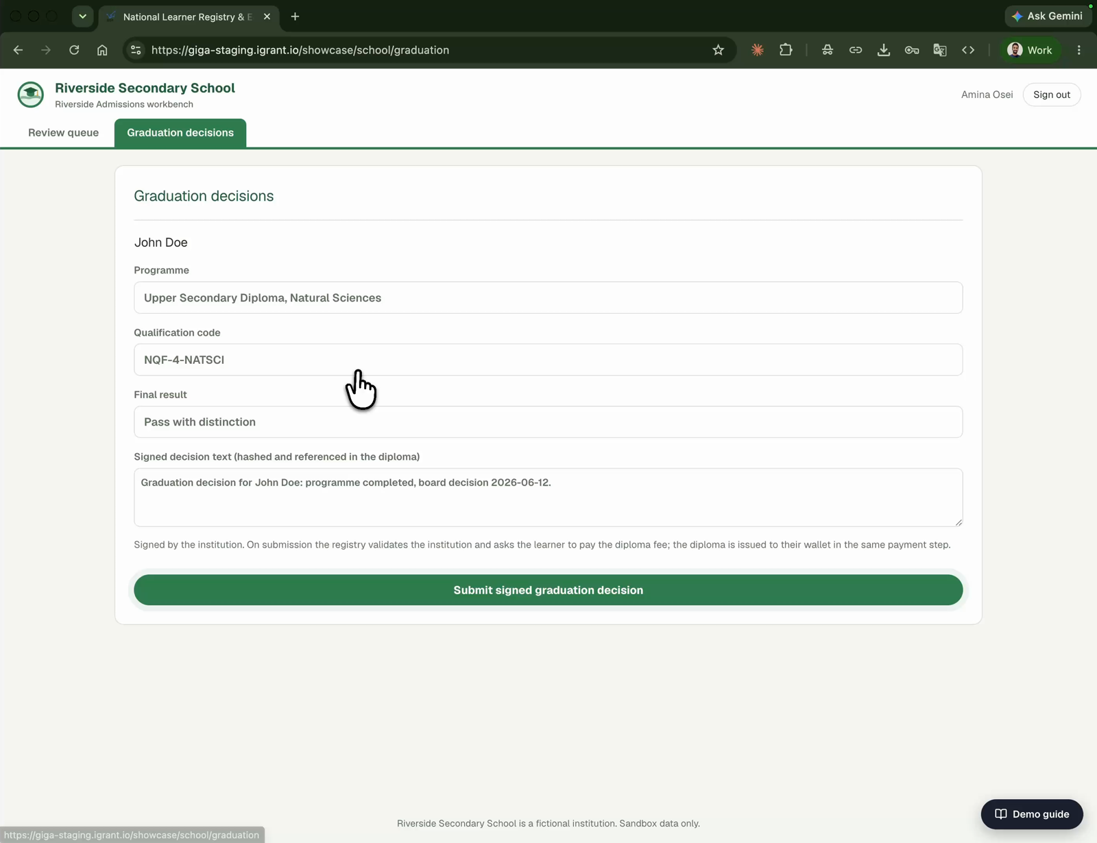 The graduation decision form in Riverside Admissions with programme, qualification code, final result and the signed decision text, above a submit button.