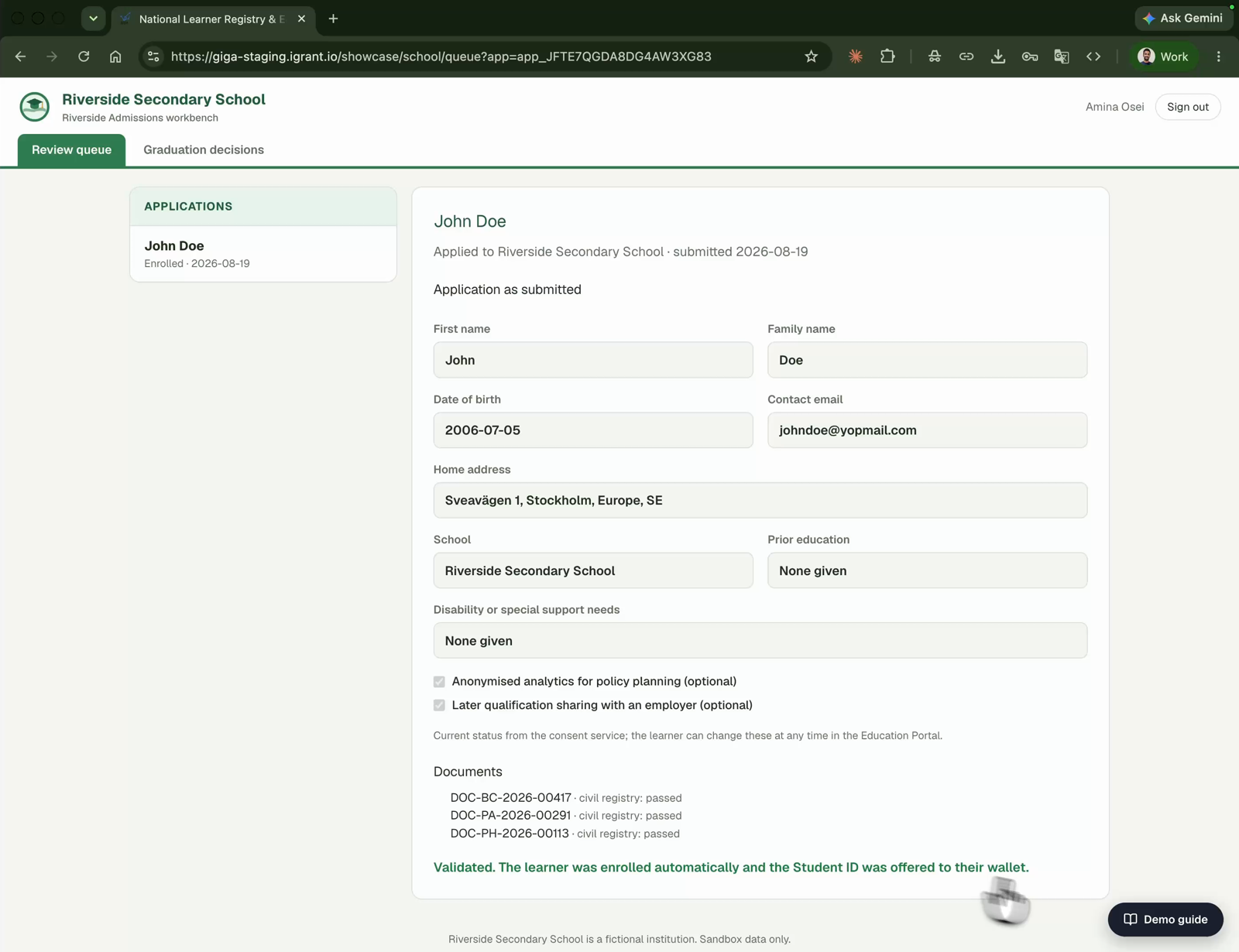The Riverside Admissions review screen showing the submitted application, the current consent states from the consent service, passed document checks, and the confirmation that the learner was enrolled automatically and the Student ID was offered.