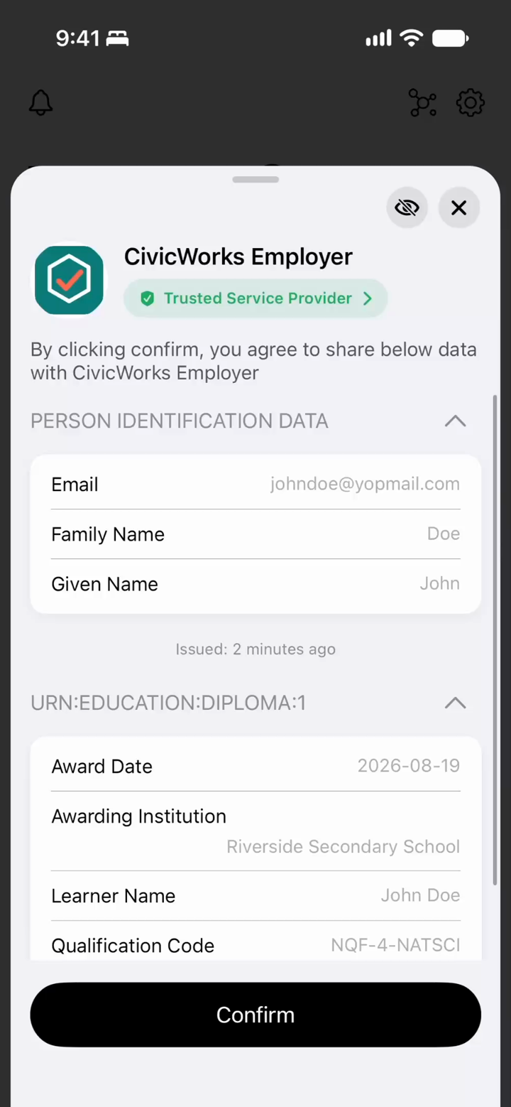 The Wallet consent sheet for CivicWorks Employer expanded to show the exact fields being shared: email, family name and given name from the identity credential, and award date, awarding institution, learner name and qualification code from the diploma.