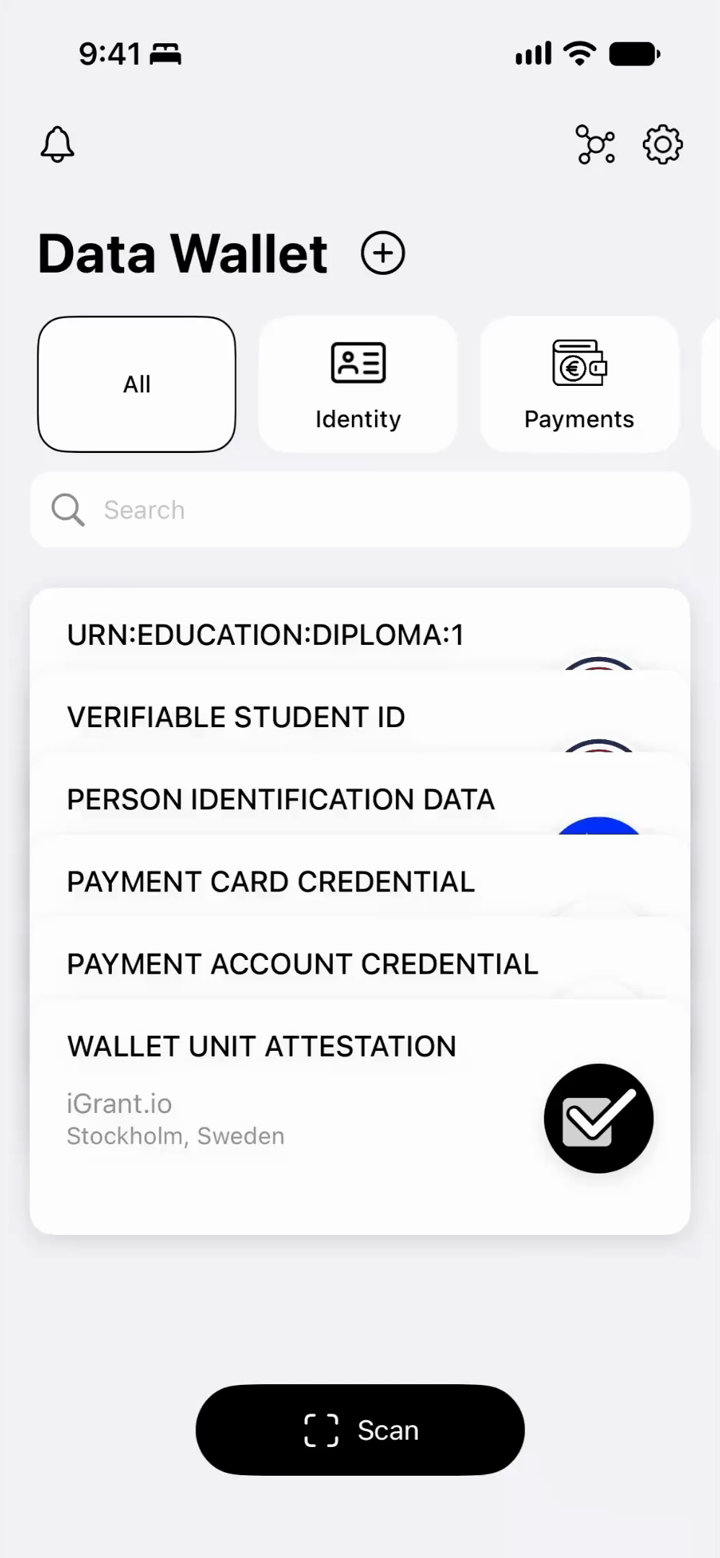 The Wallet app on a phone listing the credentials it holds: a person identification credential, a payment card credential, a Student ID, and a diploma.