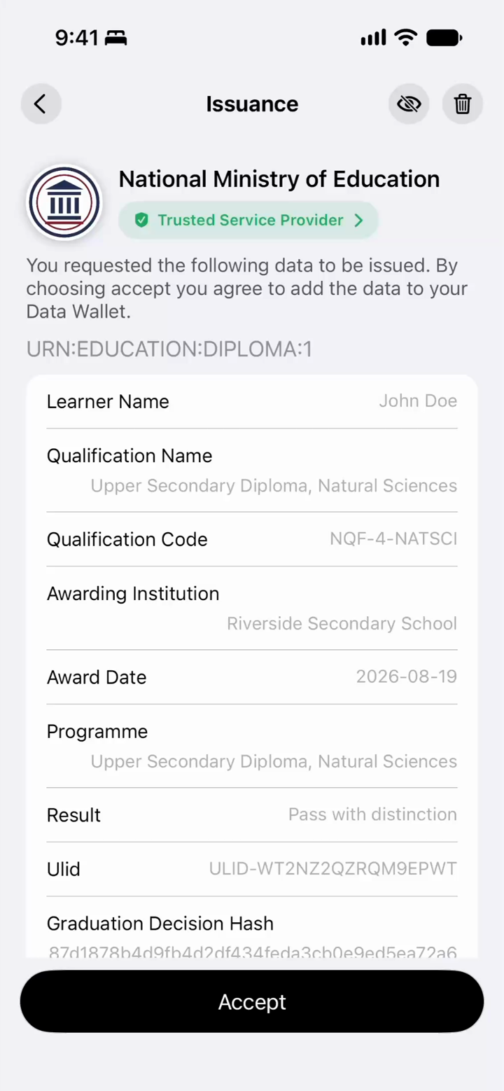 The Wallet issuance screen listing the diploma fields about to be added: learner name, qualification name and code, awarding institution, award date, programme, result, learner identifier and graduation decision hash, with an Accept button.