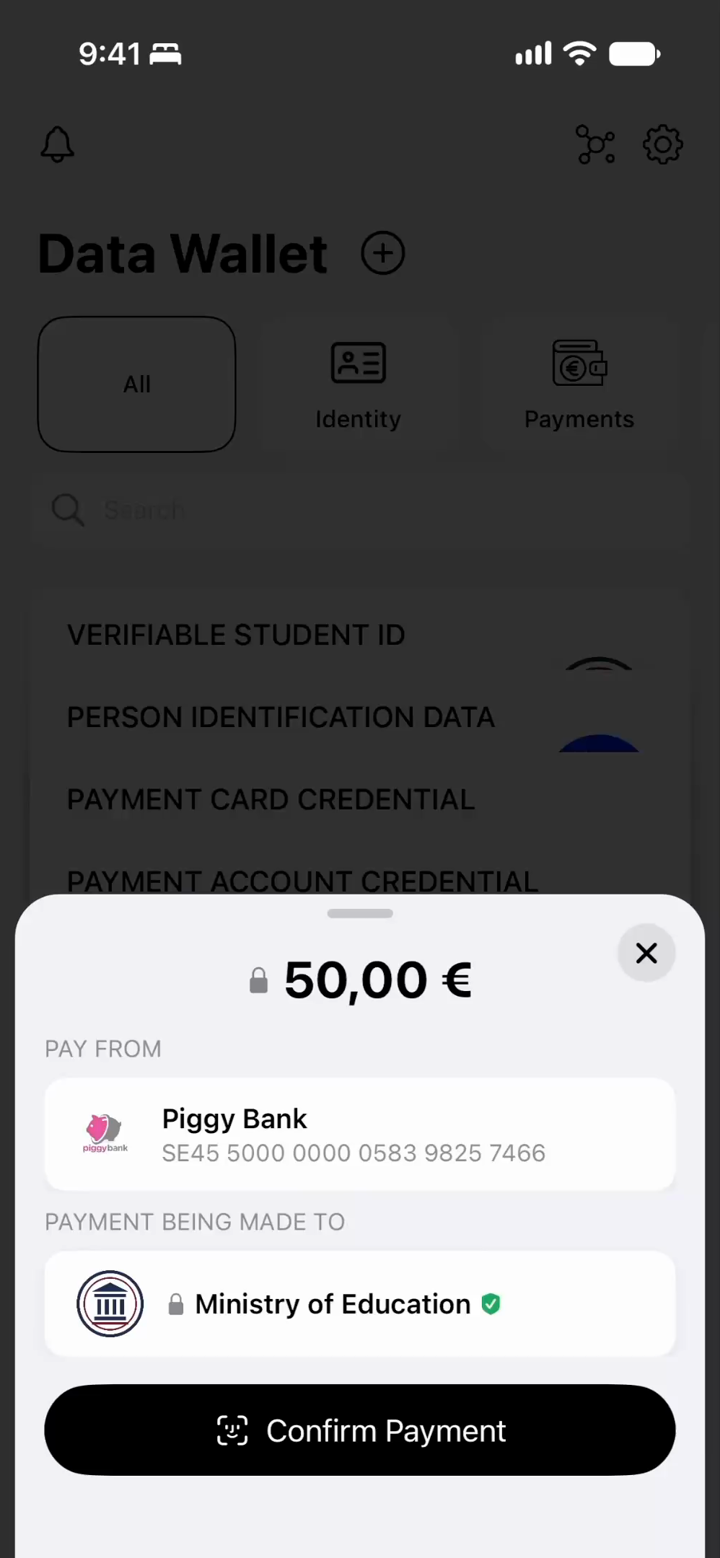 The Wallet payment sheet showing a 50 euro amount, the payment card being used, and the payee Ministry of Education, with a Confirm Payment button.