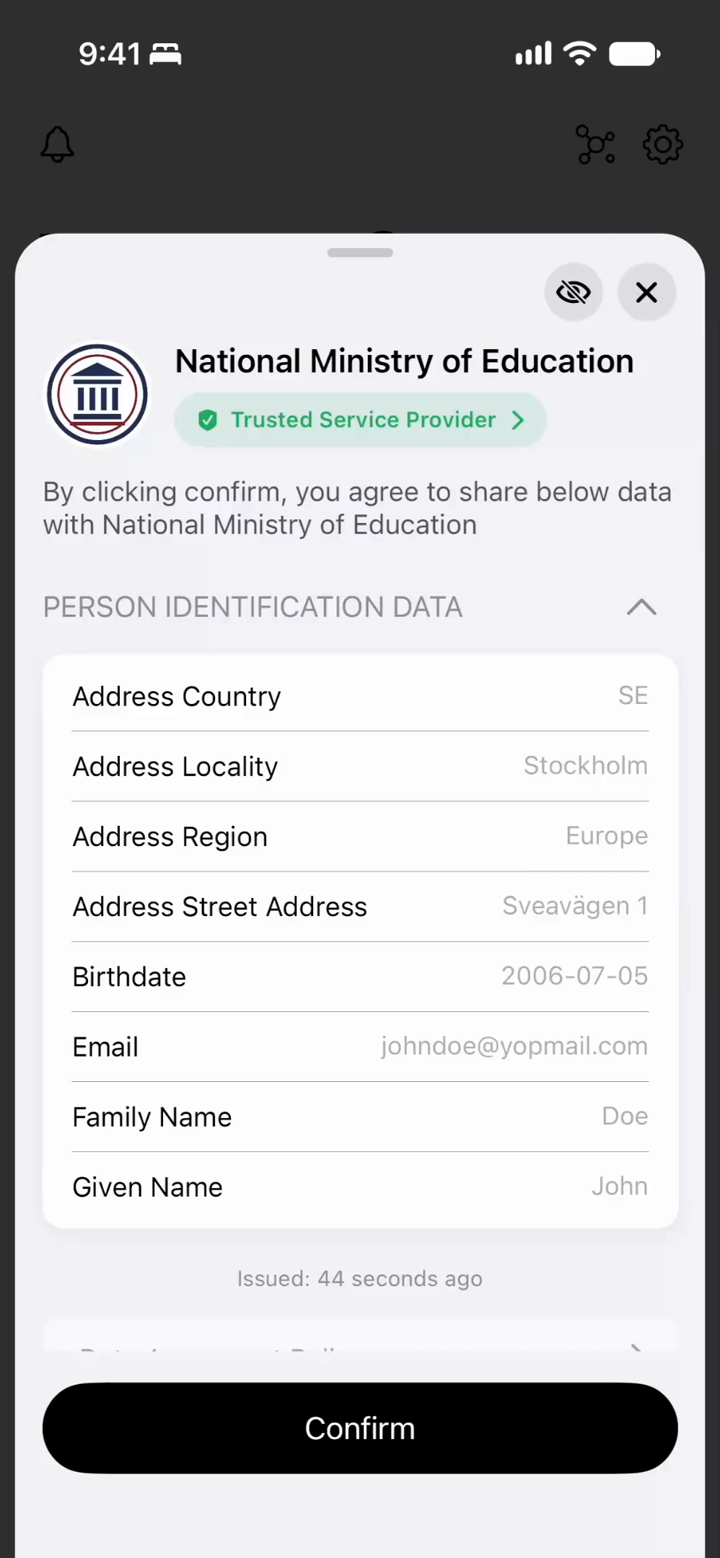 The Wallet consent sheet listing the person identification fields about to be shared with the National Ministry of Education: address, birthdate, email, family name and given name, with a Confirm button.