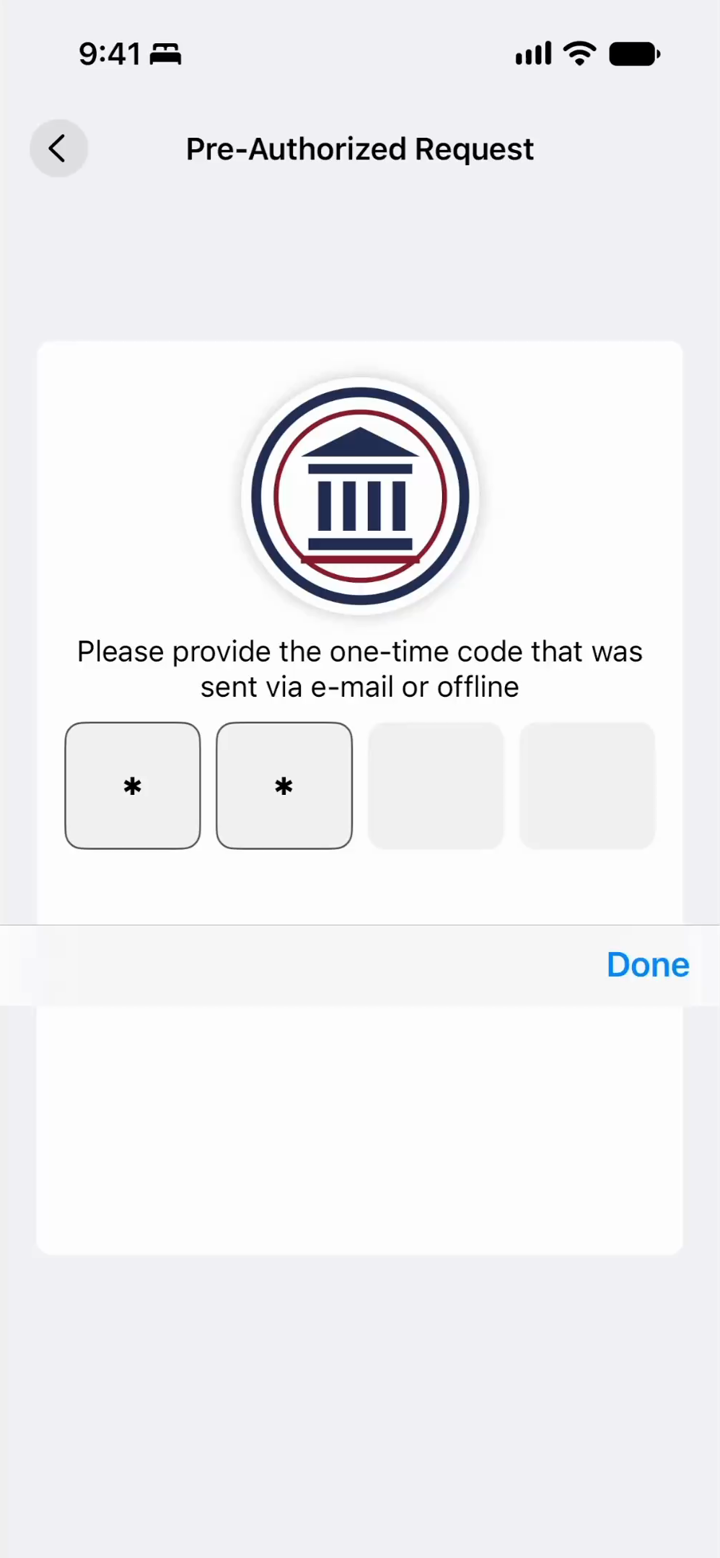 The Wallet asking for the one-time transaction code for the pre-authorised Student ID issuance, showing the Ministry seal and four code entry boxes.